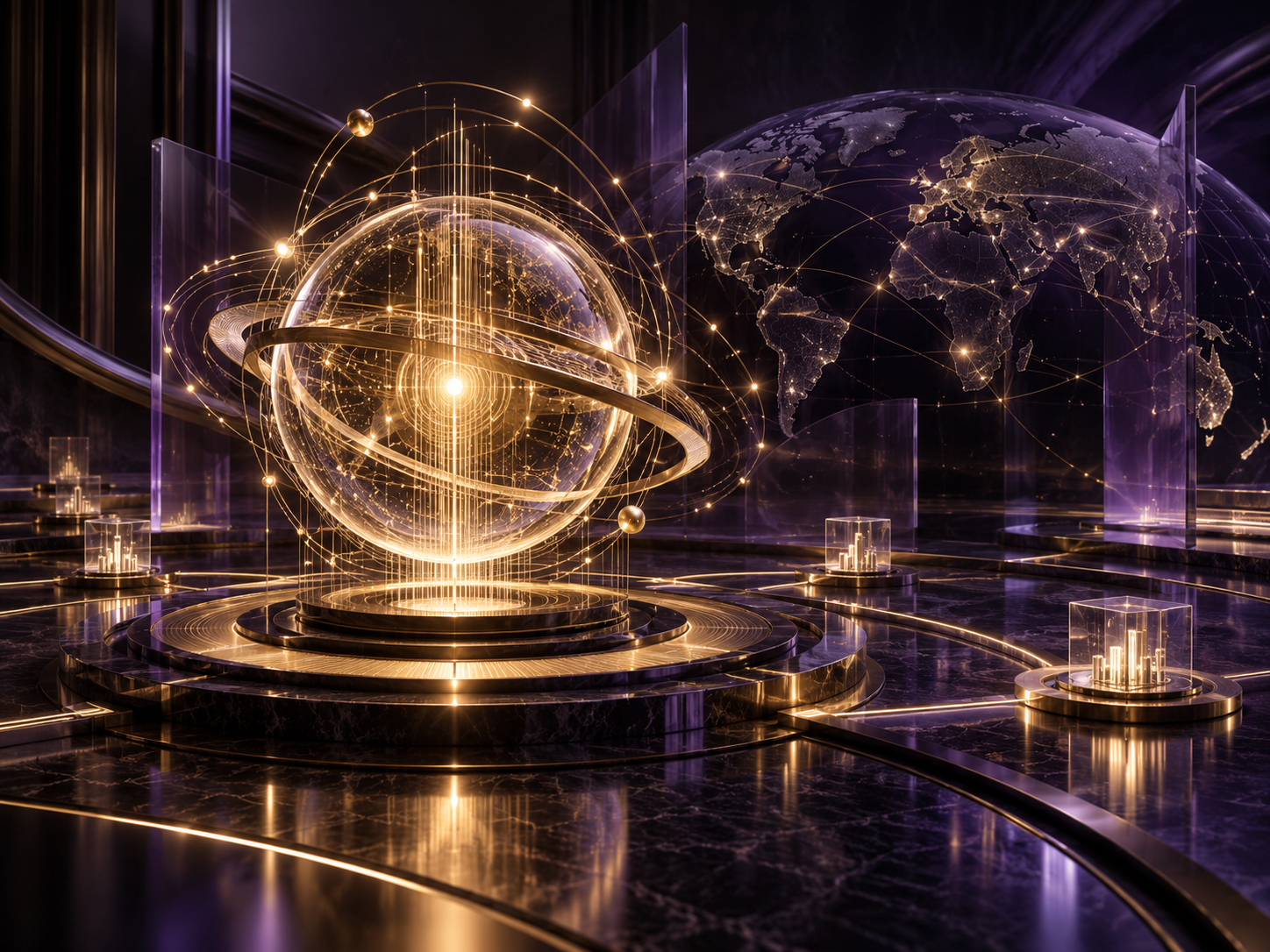 Gold and purple executive intelligence network representing governed AI strategy